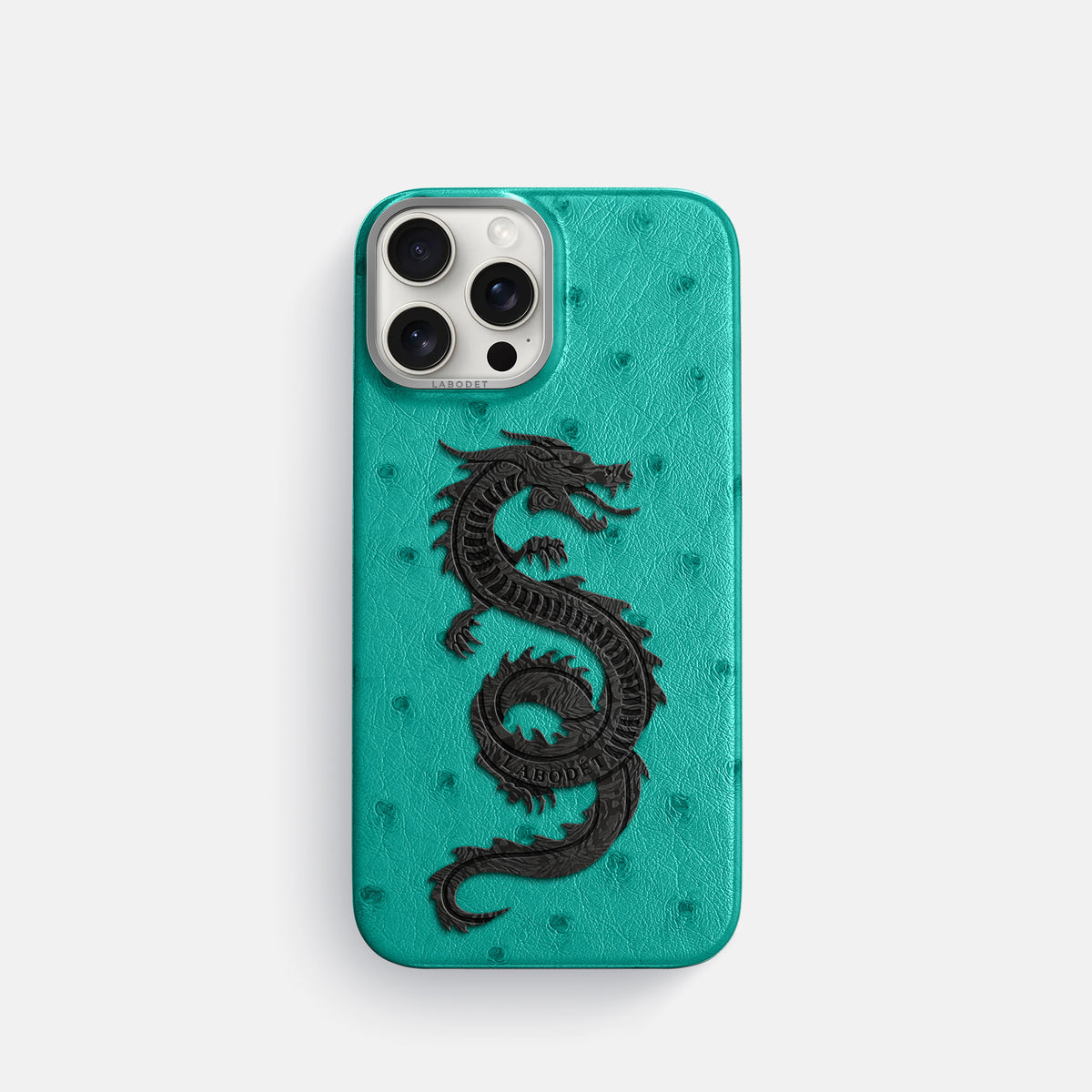 Turquoise iPhone 16 Pro Classic Case Ostrich with Steel Metal -1 | Turquoise-Steel