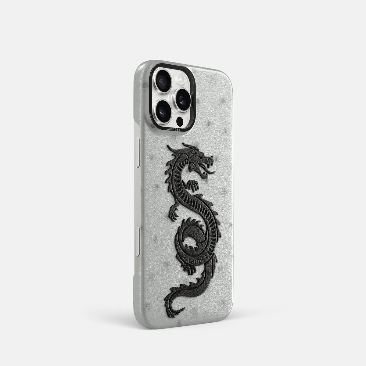White iPhone 16 Pro Classic Case Ostrich with Black Metal -2 | White-Black
