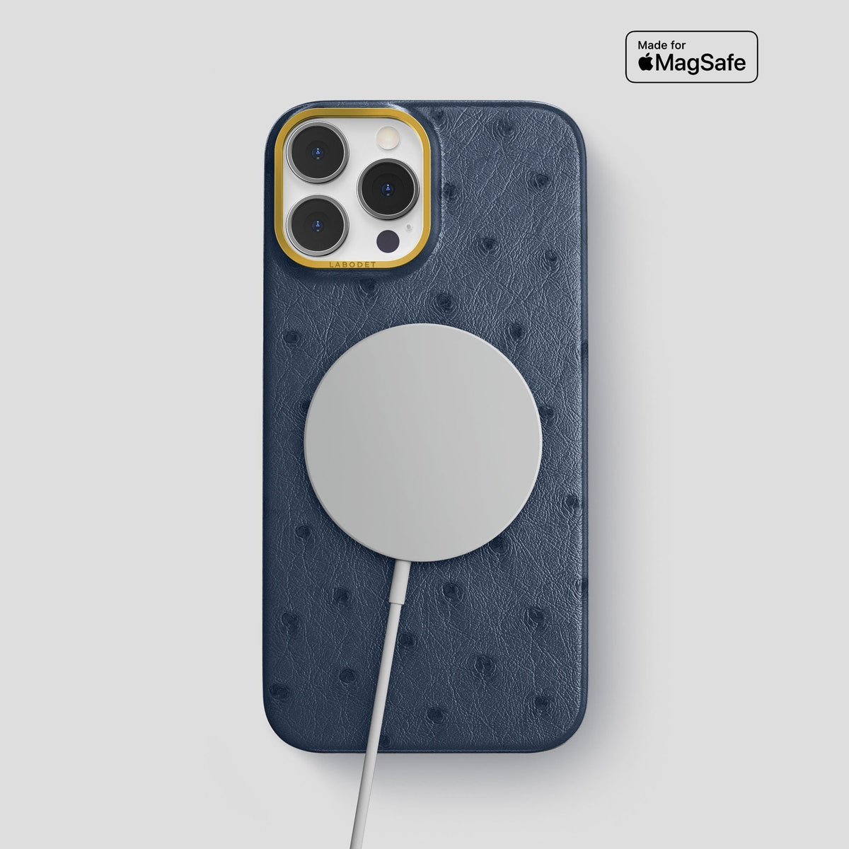 Navy-Blue iPhone 14 Pro Max Classic Case Ostrich with Gold Metal -5 | Navy-Blue-Gold