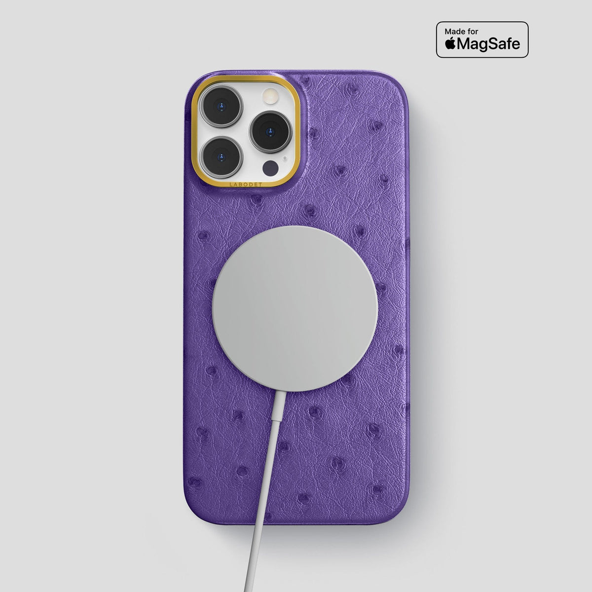 Purple iPhone 14 Pro Max Classic Case Ostrich with Gold Metal -5 | Purple-Gold