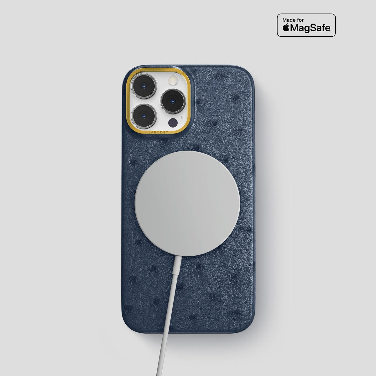 Navy-Blue iPhone 14 Pro Classic Case Ostrich with Gold Metal -5 | Navy-Blue-Gold
