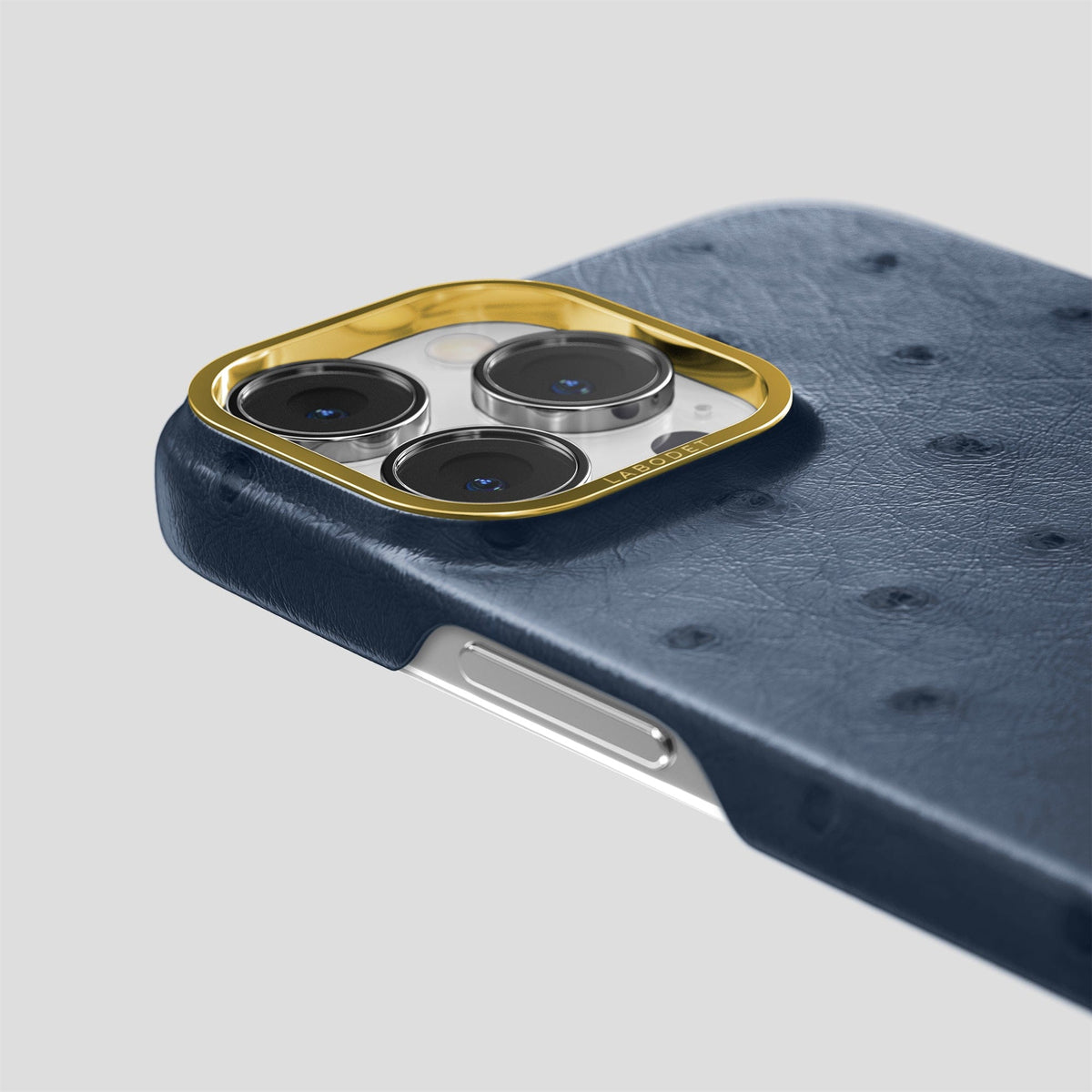 Navy-Blue iPhone 14 Pro Classic Case Ostrich with Gold Metal -6 | Navy-Blue-Gold