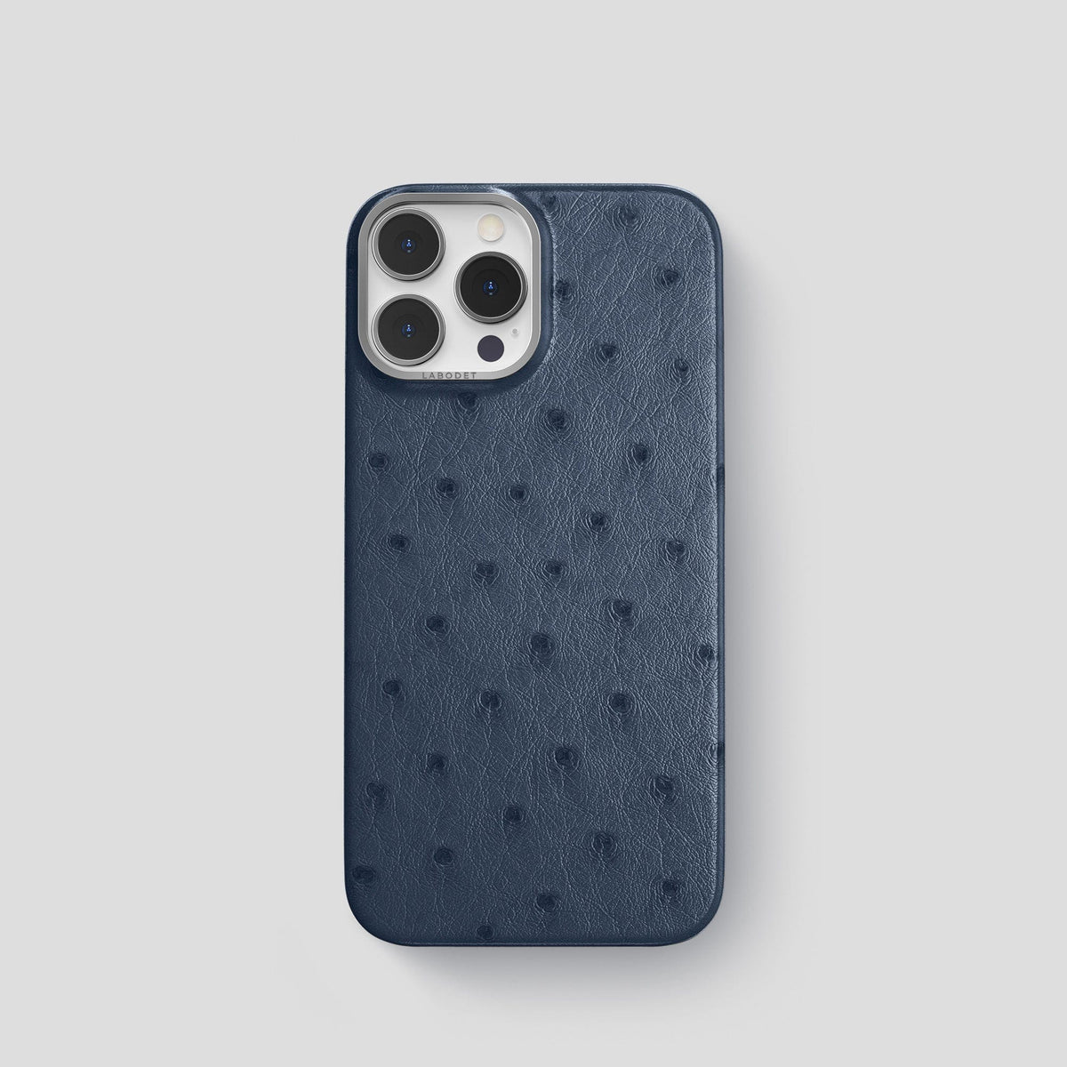 Navy-Blue iPhone 14 Pro Classic Case Ostrich with Steel Metal -1 | Navy-Blue-Steel