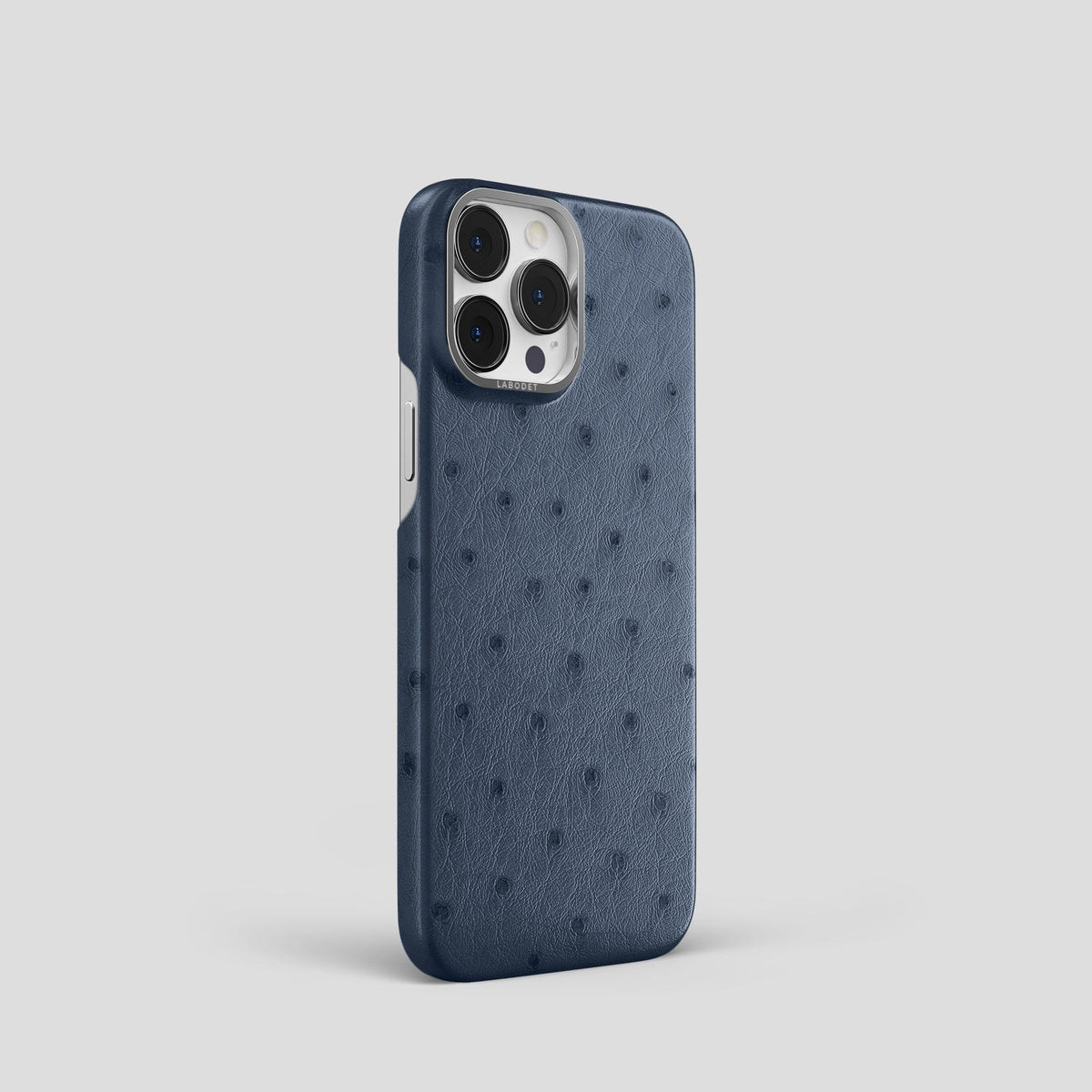 Navy-Blue iPhone 14 Pro Classic Case Ostrich with Steel Metal -2 | Navy-Blue-Steel