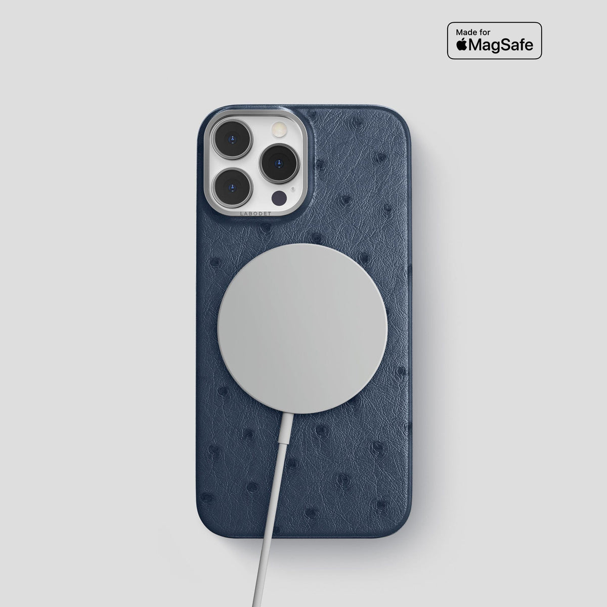 Navy-Blue iPhone 14 Pro Classic Case Ostrich with Steel Metal -5 | Navy-Blue-Steel