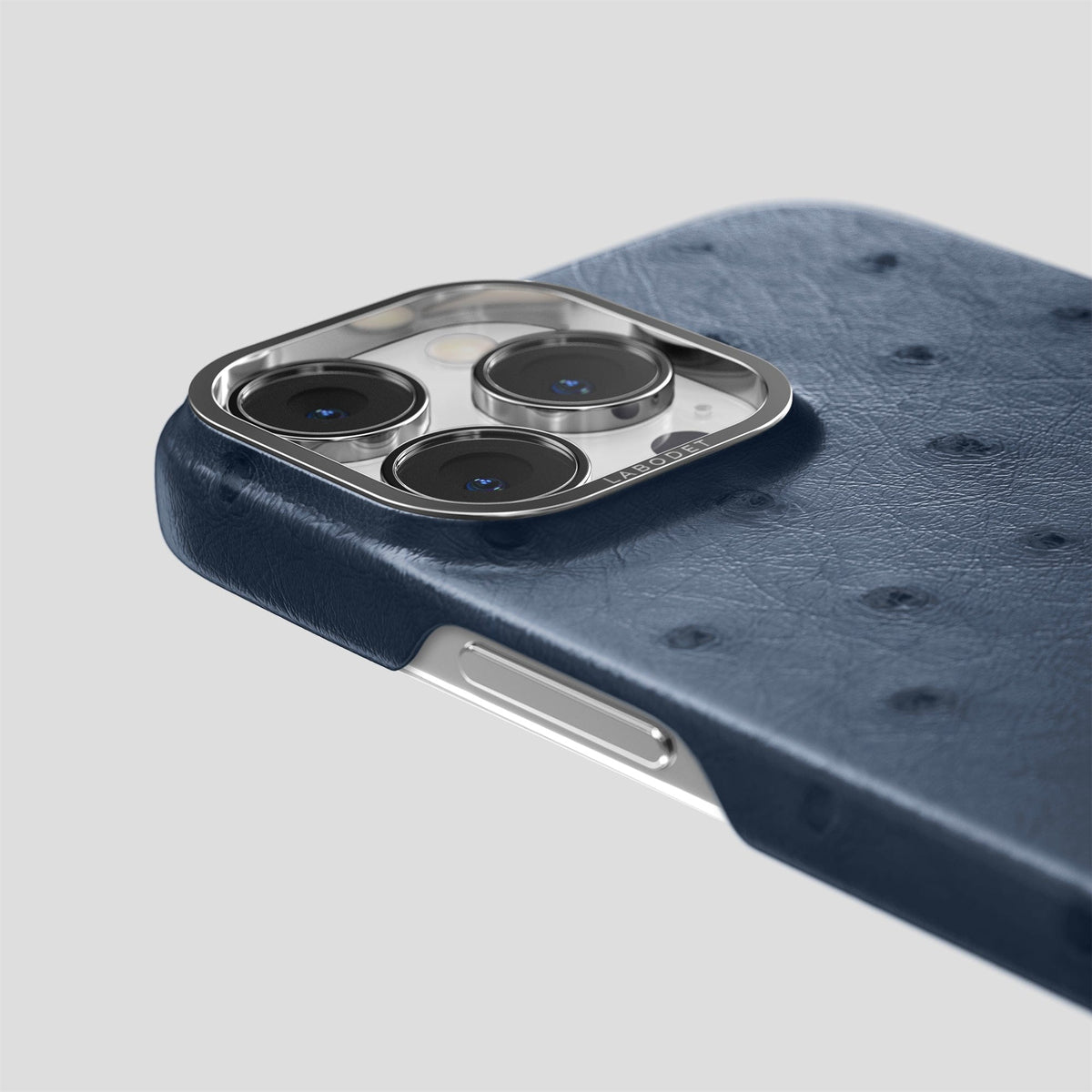 Navy-Blue iPhone 14 Pro Classic Case Ostrich with Steel Metal -6 | Navy-Blue-Steel