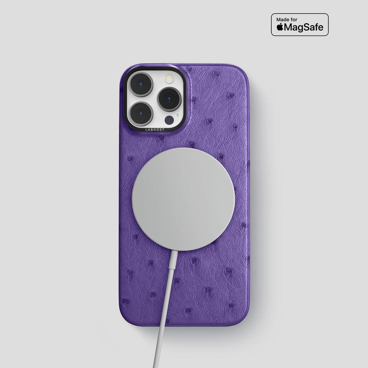 Purple iPhone 14 Pro Classic Case Ostrich with Black Metal -5 | Purple-Black