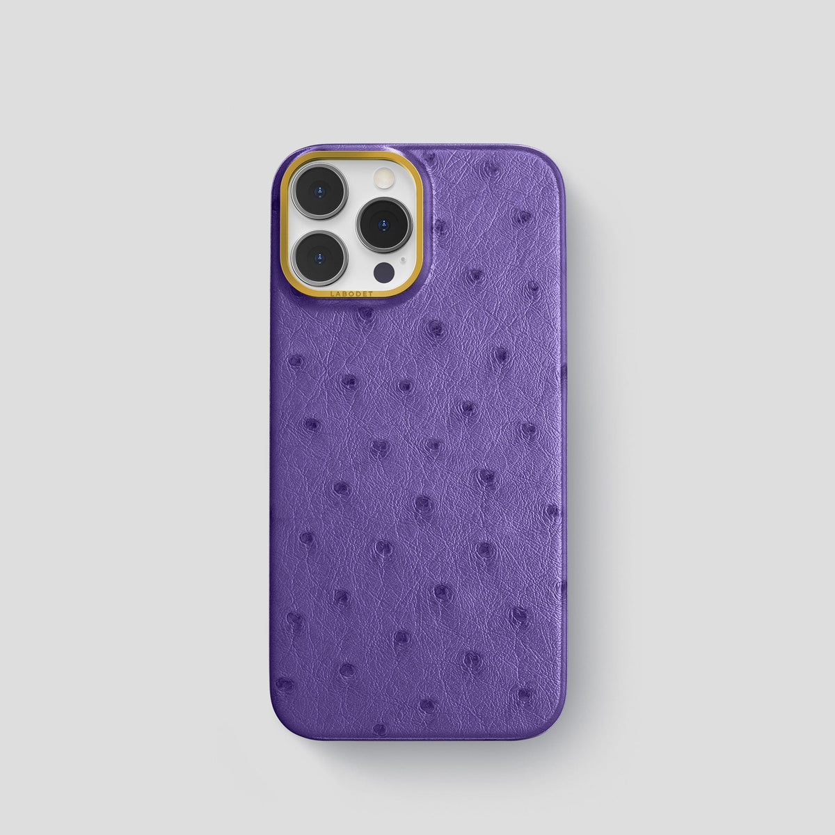 Purple iPhone 14 Pro Classic Case Ostrich with Gold Metal -1 | Purple-Gold