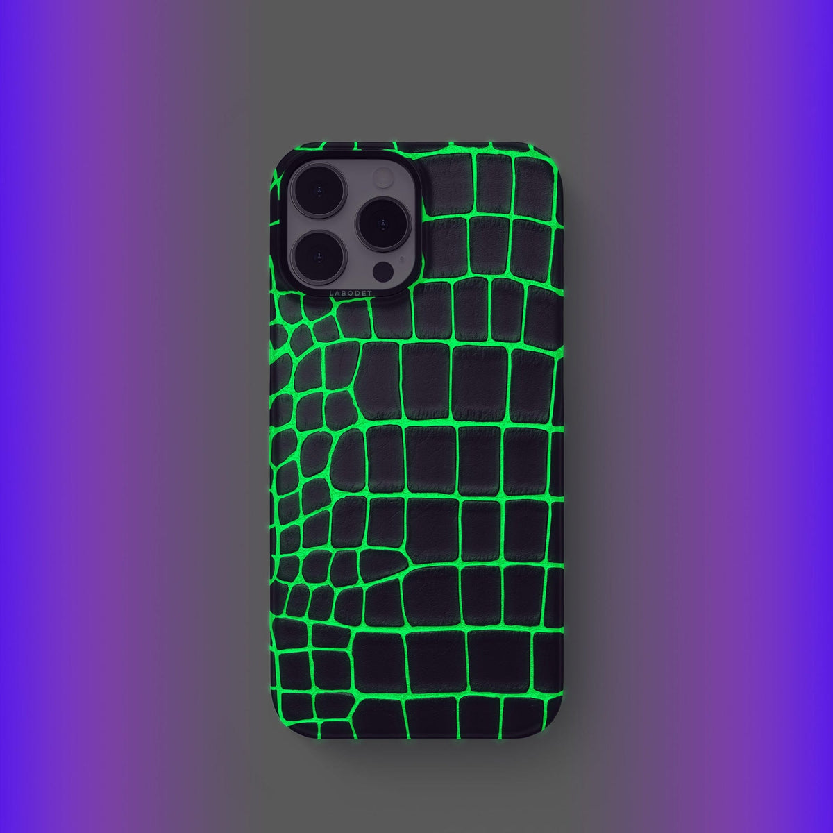 Neon-Green iPhone 14 Pro Classic Case Luminescent Alligator with Black Metal -2 | Neon-Green-Black