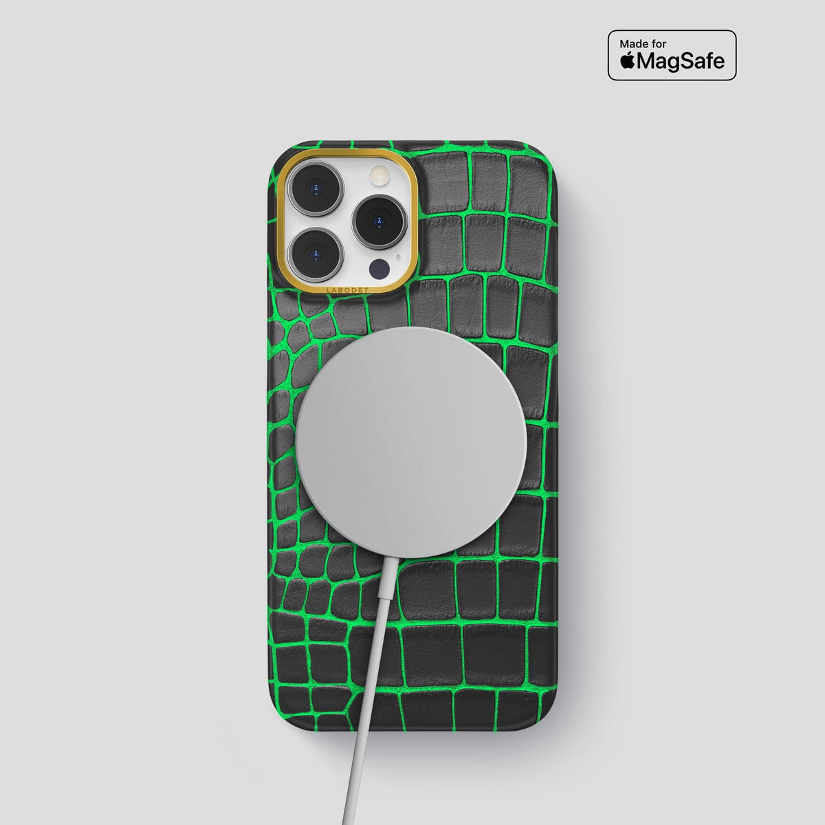 Neon-Green iPhone 14 Pro Classic Case Luminescent Alligator with Gold Metal -6 | Neon-Green-Gold