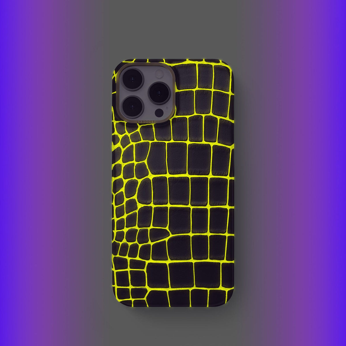 Neon-Yellow iPhone 14 Pro Classic Case Luminescent Alligator with Gold Metal -2 | Neon-Yellow-Gold