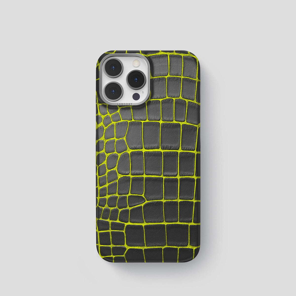 Neon-Yellow iPhone 14 Pro Classic Case Luminescent Alligator with Steel Metal -1 | Neon-Yellow-Steel