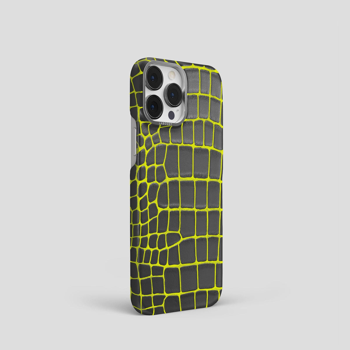 Neon-Yellow iPhone 14 Pro Classic Case Luminescent Alligator with Steel Metal -3 | Neon-Yellow-Steel