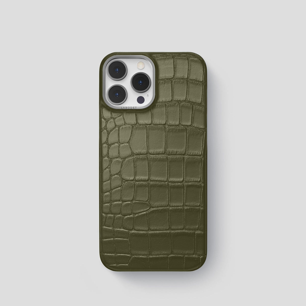 Kaki-Green iPhone 15 Pro Classic Case Alligator with Steel Metal -1 | Kaki-Green-Steel