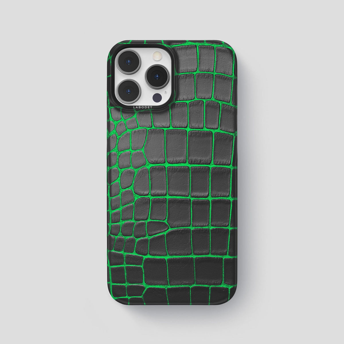 Neon-Green iPhone 14 Pro Max Classic Case Luminescent Alligator with Black Metal -1 | Neon-Green-Black