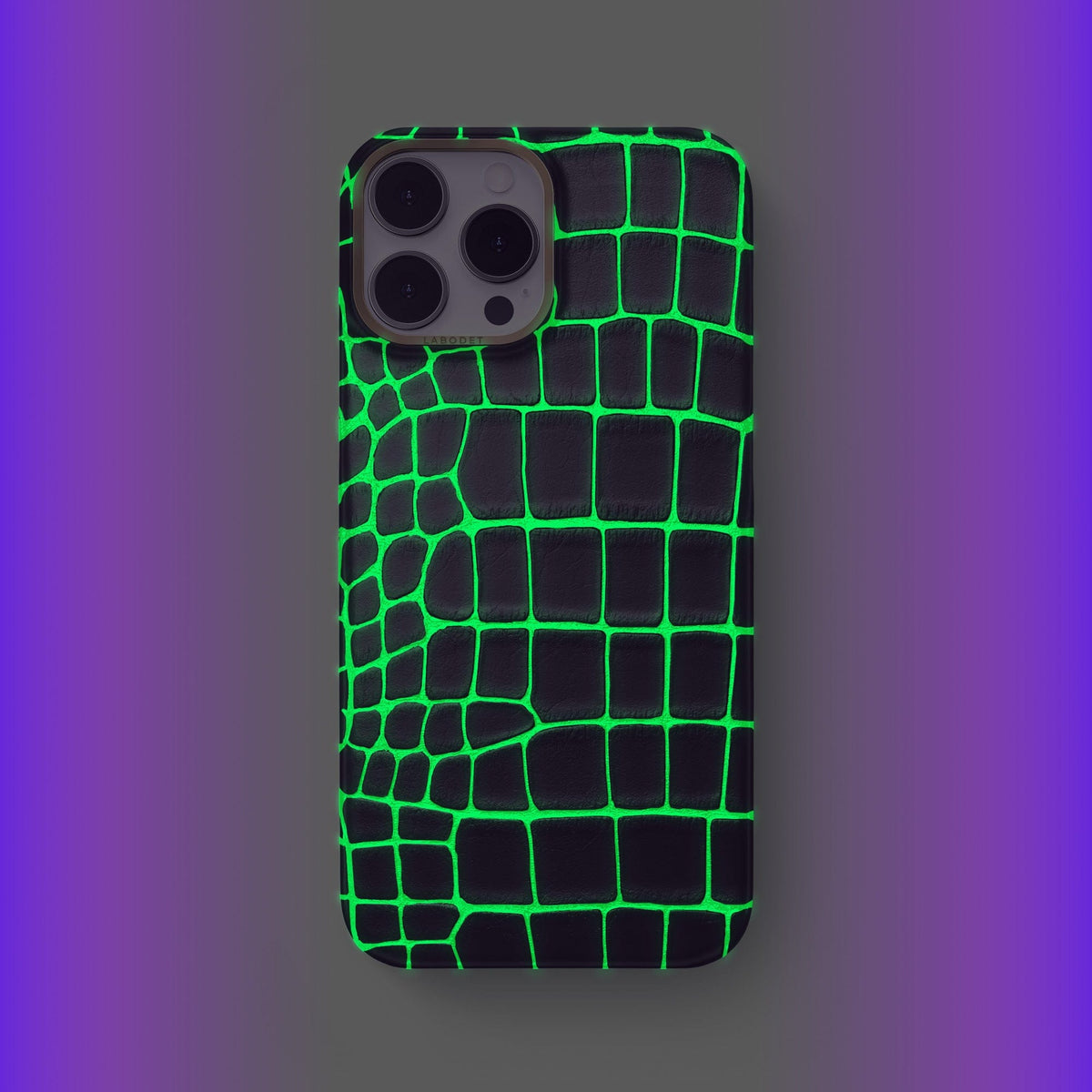 Neon-Green iPhone 14 Pro Max Classic Case Luminescent Alligator with Gold Metal -2 | Neon-Green-Gold