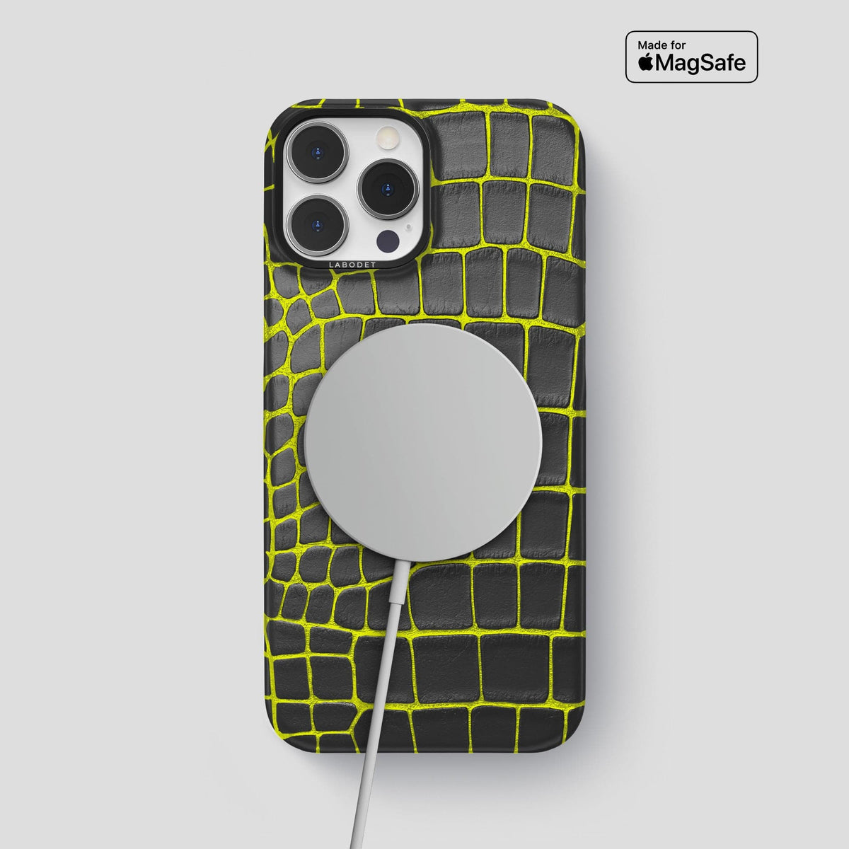 Neon-Yellow iPhone 14 Pro Max Classic Case Luminescent Alligator with Black Metal -6 | Neon-Yellow-Black