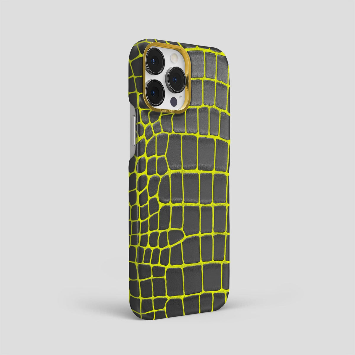 Neon-Yellow iPhone 14 Pro Max Classic Case Luminescent Alligator with Gold Metal -3 | Neon-Yellow-Gold