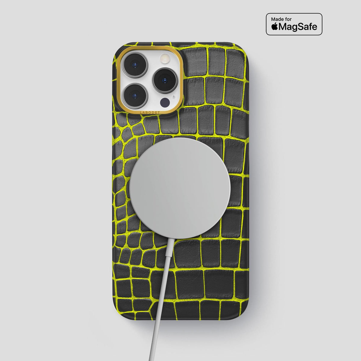 Neon-Yellow iPhone 14 Pro Max Classic Case Luminescent Alligator with Gold Metal -6 | Neon-Yellow-Gold