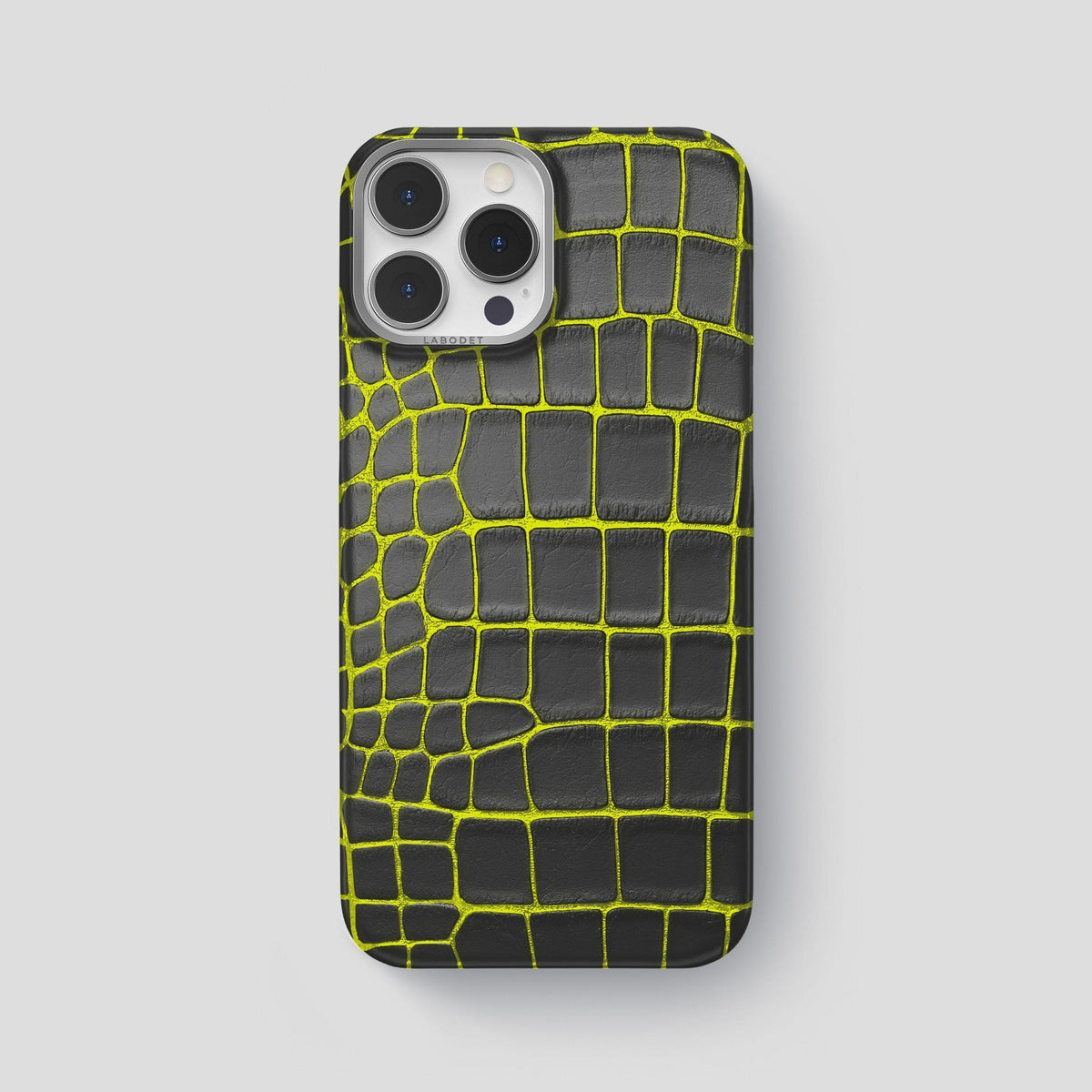 Neon-Yellow iPhone 14 Pro Max Classic Case Luminescent Alligator with Steel Metal -1 | Neon-Yellow-Steel