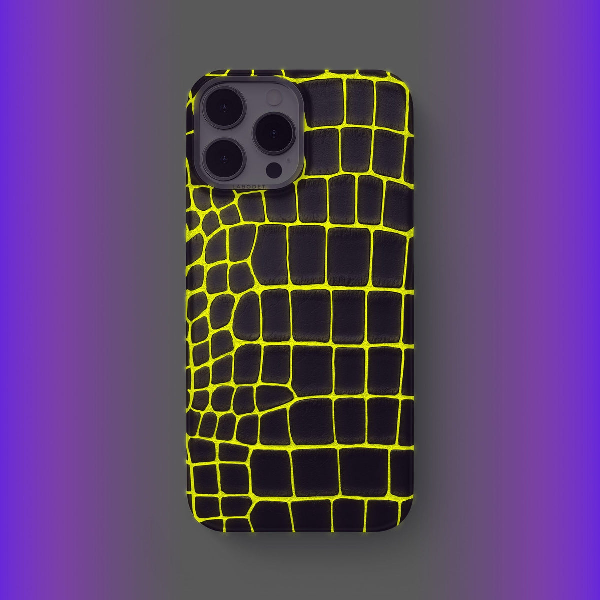 Neon-Yellow iPhone 14 Pro Max Classic Case Luminescent Alligator with Steel Metal -2 | Neon-Yellow-Steel