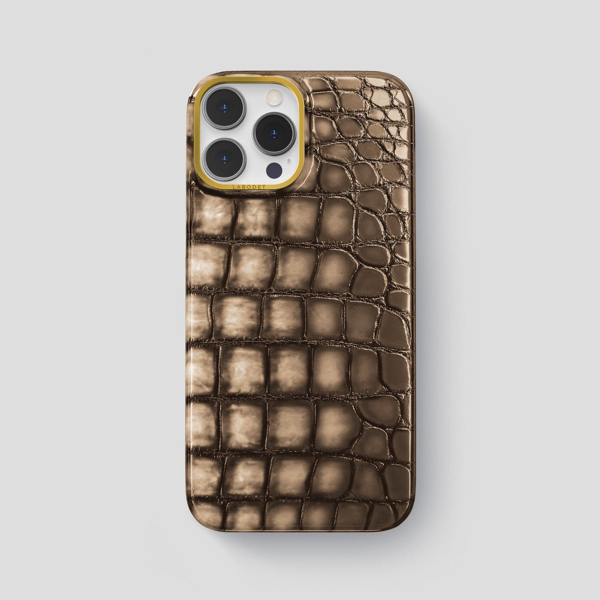 Etoupe iPhone 15 Pro Max Classic Case Patina Alligator with Gold Metal -1 | Etoupe-Gold