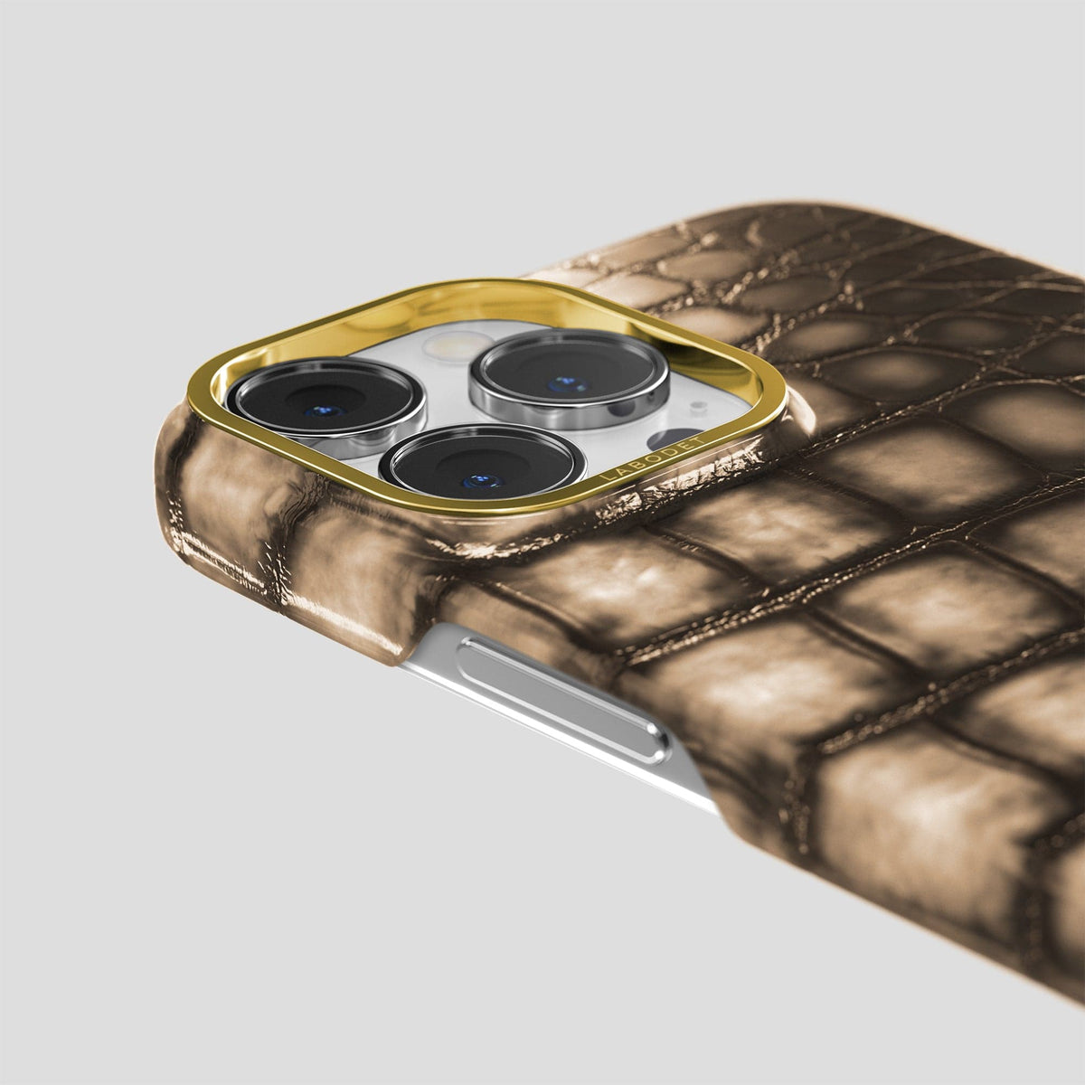 Etoupe iPhone 15 Pro Max Classic Case Patina Alligator with Gold Metal -6 | Etoupe-Gold