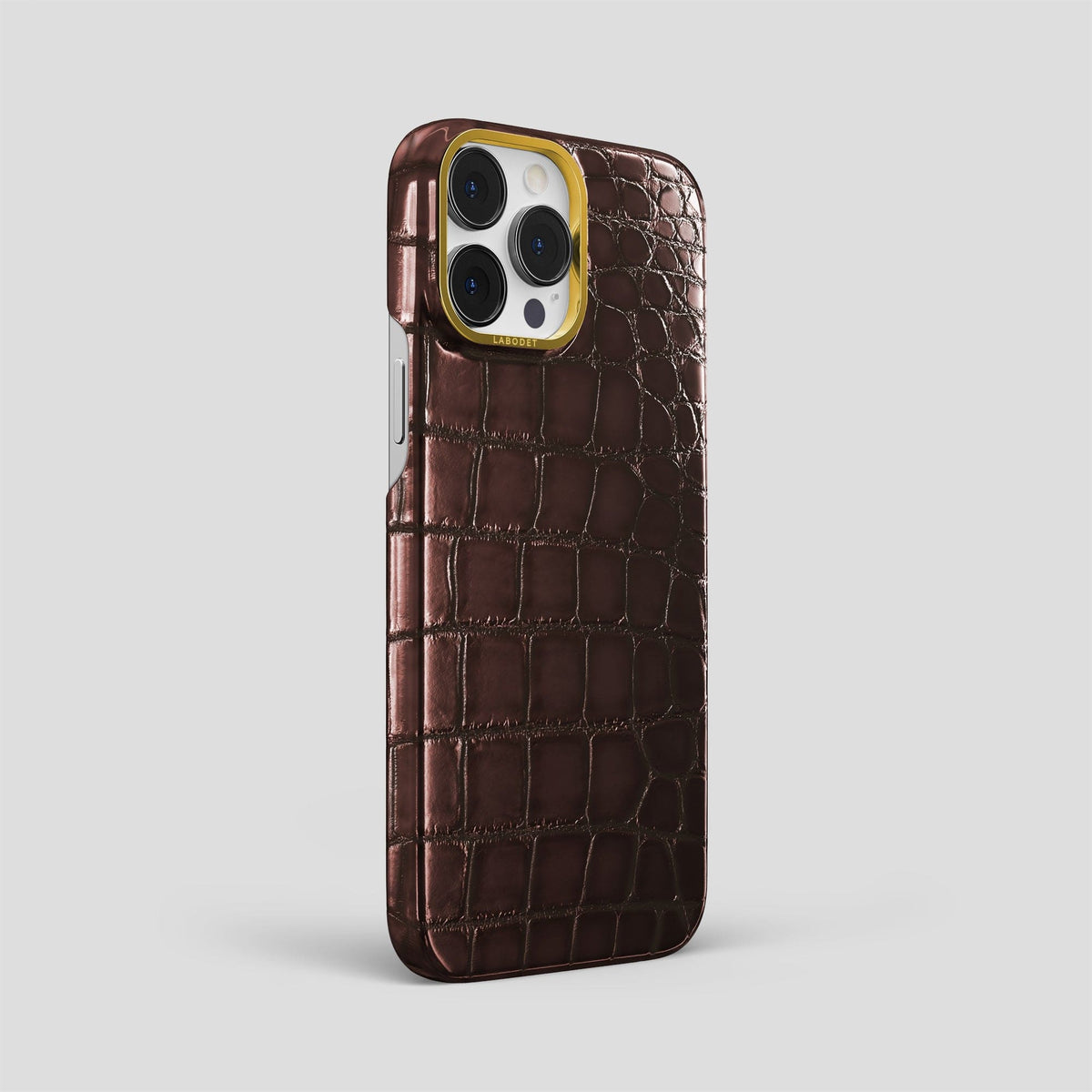 Grape-Wine iPhone 15 Pro Max Classic Case Patina Alligator with Gold Metal -2 | Grape-Wine-Gold