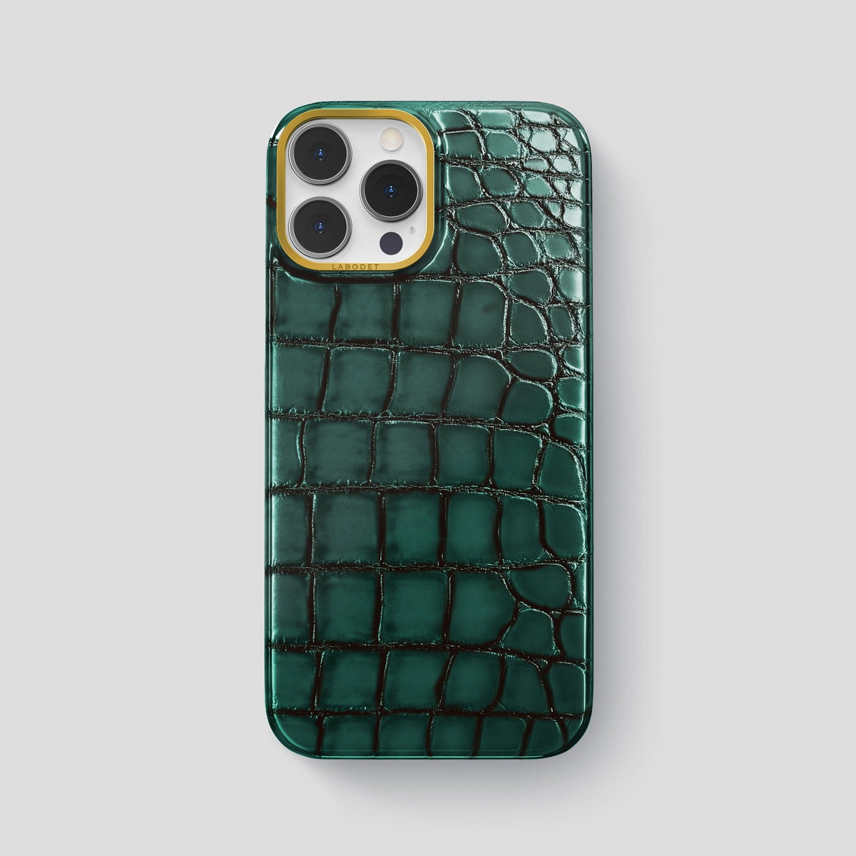 Green iPhone 15 Pro Max Classic Case Patina Alligator with Gold Metal -1 | Green-Gold