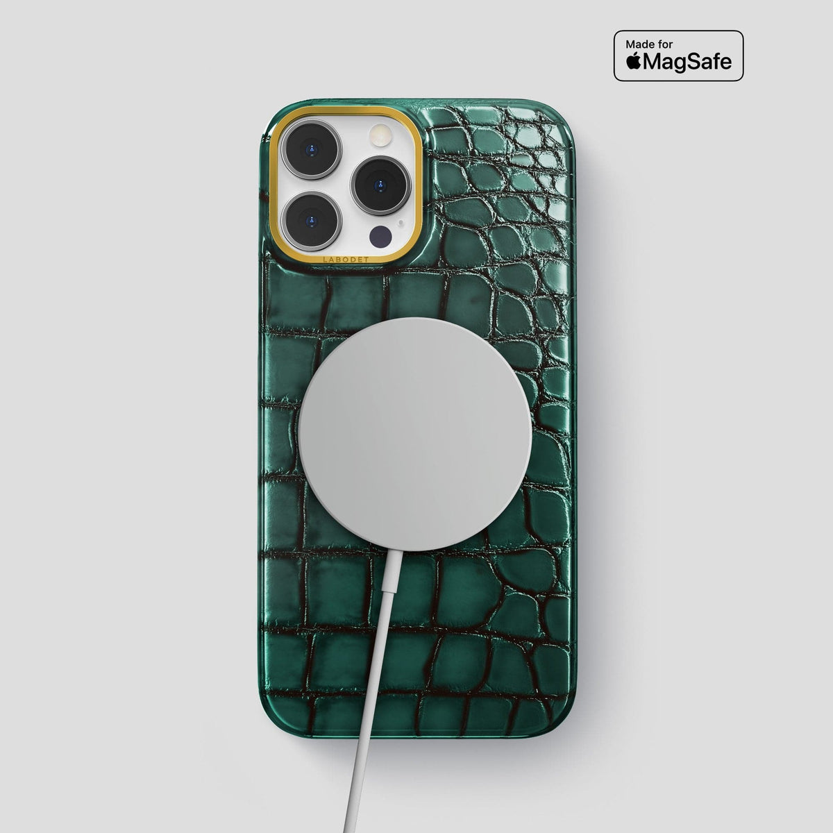 Green iPhone 15 Pro Max Classic Case Patina Alligator with Gold Metal -5 | Green-Gold