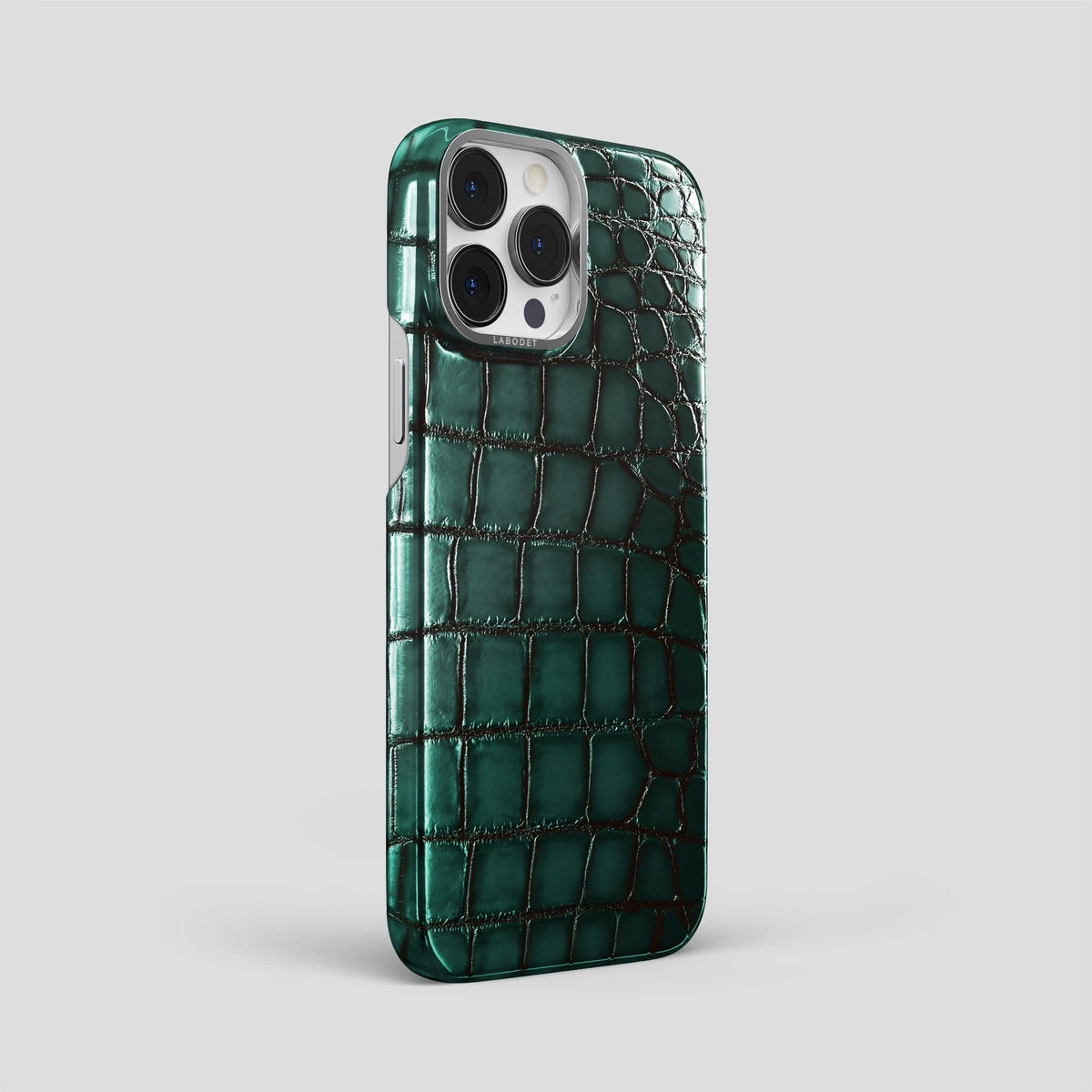 Green iPhone 15 Pro Max Classic Case Patina Alligator with Steel Metal -2 | Green-Steel