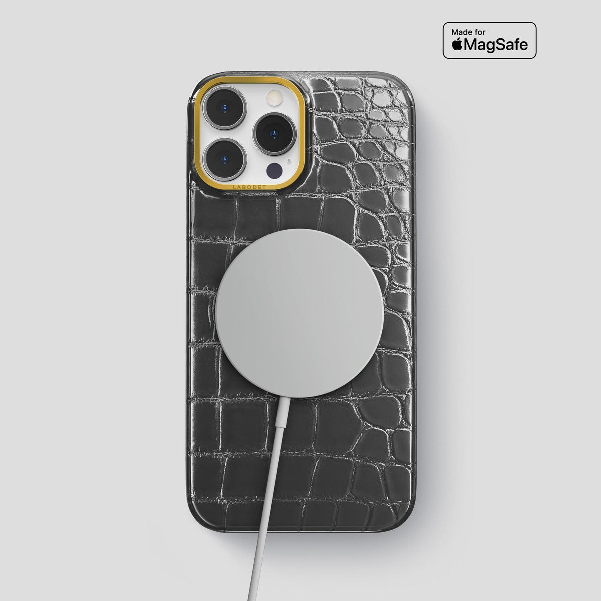 Grey iPhone 15 Pro Max Classic Case Patina Alligator with Gold Metal -5 | Grey-Gold