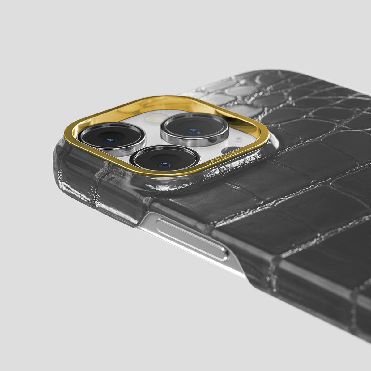 Grey iPhone 15 Pro Max Classic Case Patina Alligator with Gold Metal -6 | Grey-Gold