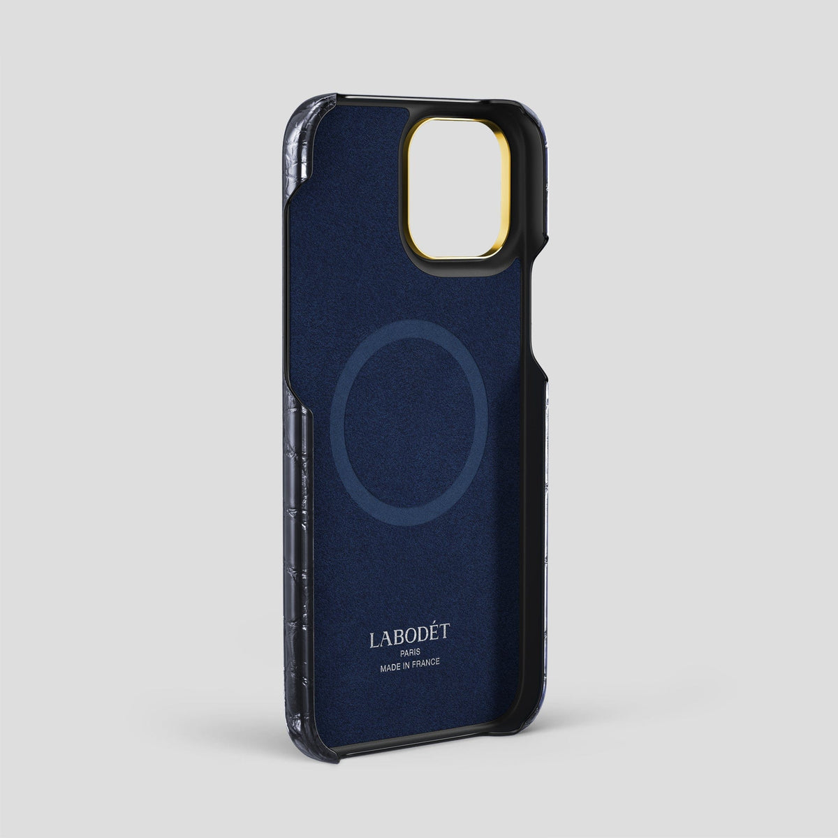 Havana-Blue iPhone 15 Pro Max Classic Case Patina Alligator with Gold Metal -4 | Havana-Blue-Gold