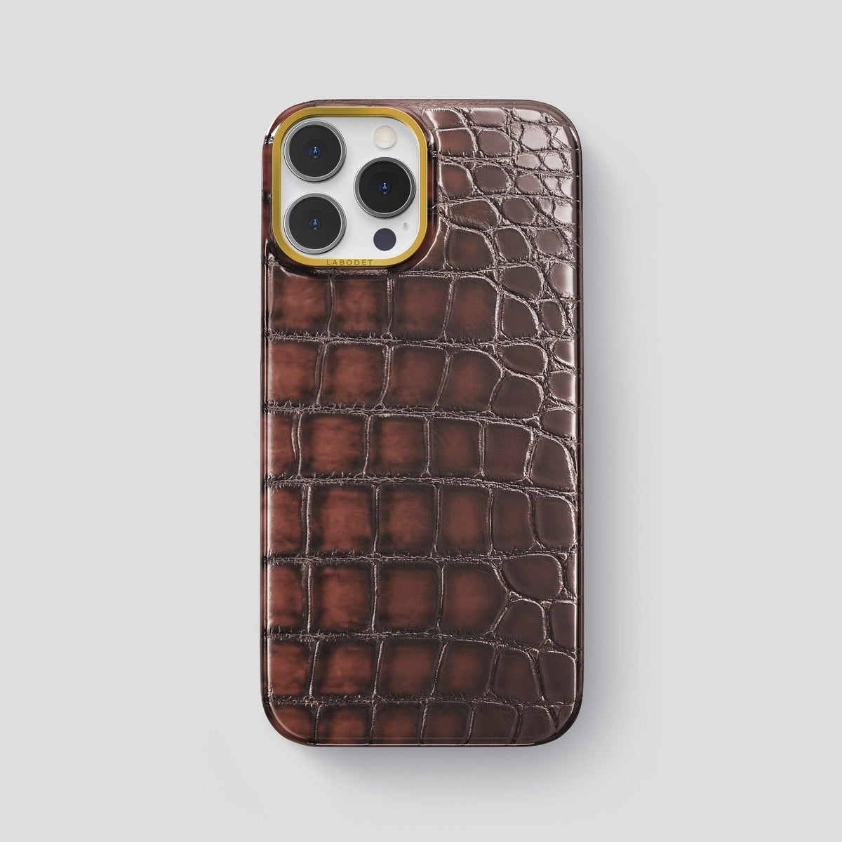Havana-Brown iPhone 15 Pro Max Classic Case Patina Alligator with Gold Metal -1 | Havana-Brown-Gold