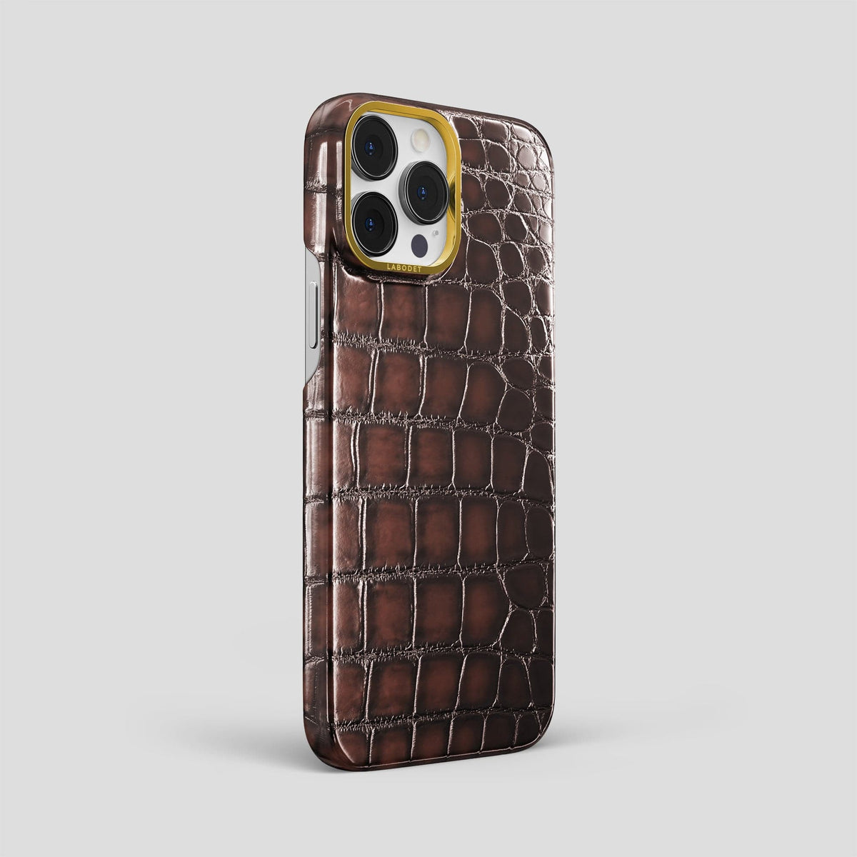 Havana-Brown iPhone 15 Pro Max Classic Case Patina Alligator with Gold Metal -2 | Havana-Brown-Gold