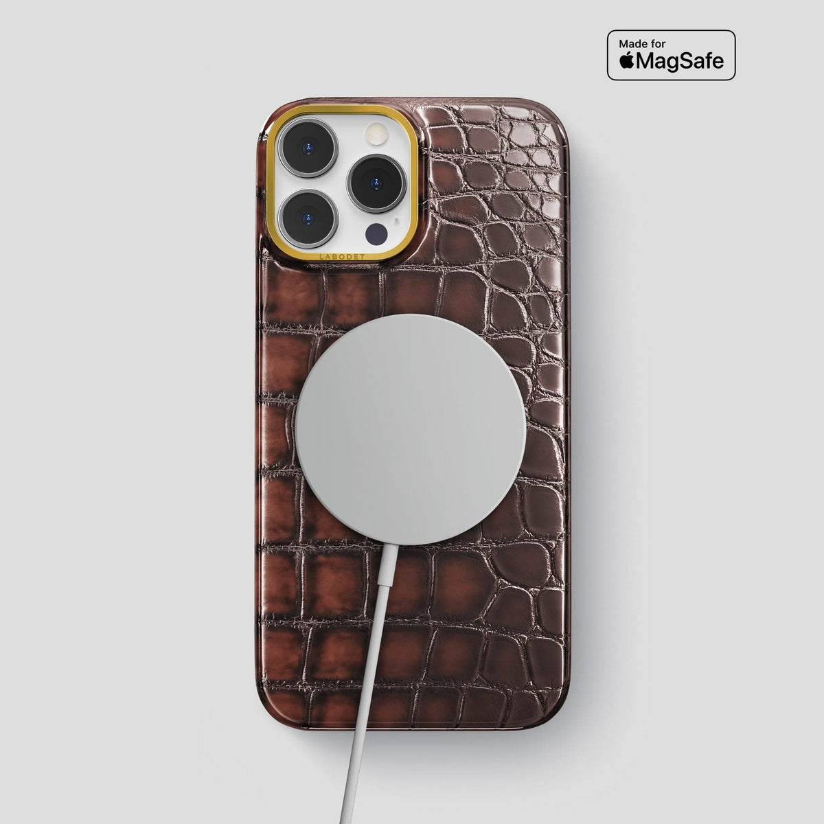 Havana-Brown iPhone 15 Pro Max Classic Case Patina Alligator with Gold Metal -5 | Havana-Brown-Gold