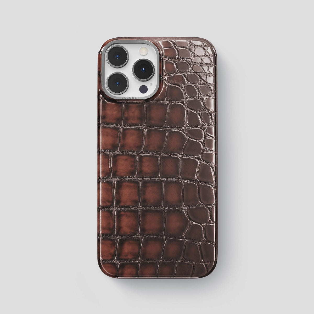 Havana-Brown iPhone 15 Pro Max Classic Case Patina Alligator with Steel Metal -1 | Havana-Brown-Steel