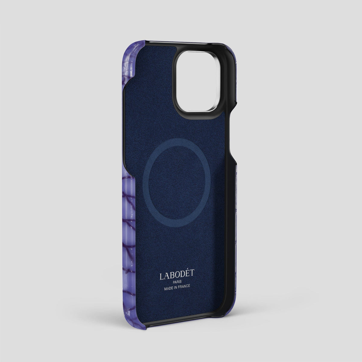 Lilac iPhone 15 Pro Max Classic Case Patina Alligator with Steel Metal -4 | Lilac-Steel