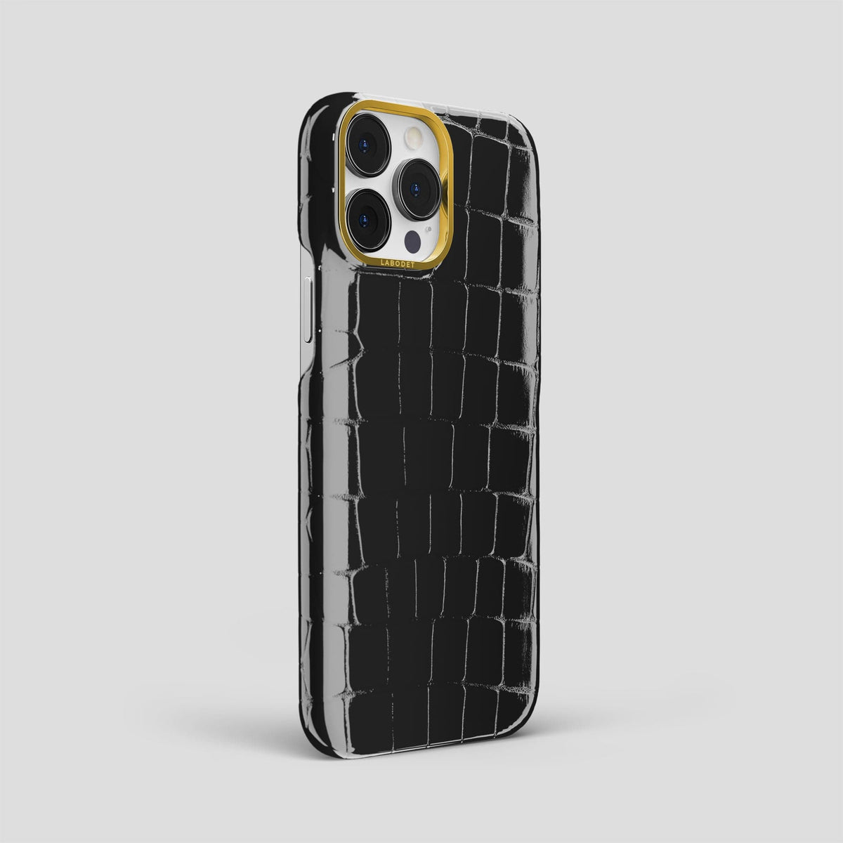 Black iPhone 15 Pro Max Classic Case Shiny Alligator with Gold Metal -2 | Black-Gold