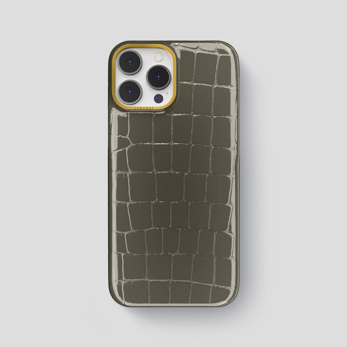 Concrete-Grey iPhone 15 Pro Max Classic Case Shiny Alligator with Gold Metal -1 | Concrete-Grey-Gold