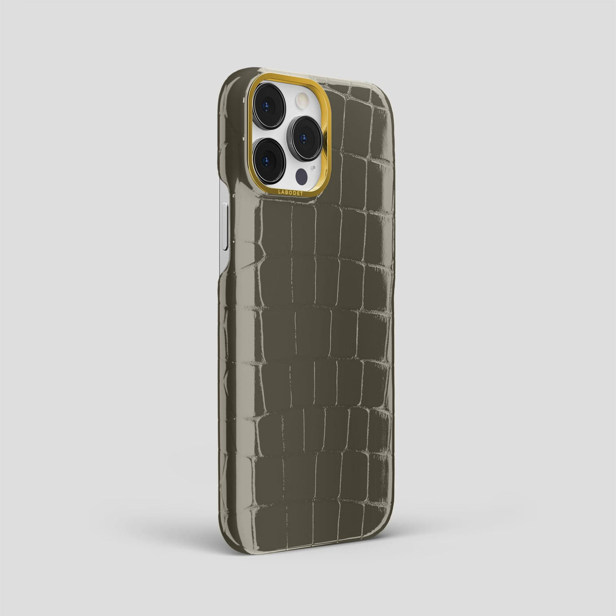Concrete-Grey iPhone 15 Pro Max Classic Case Shiny Alligator with Gold Metal -2 | Concrete-Grey-Gold