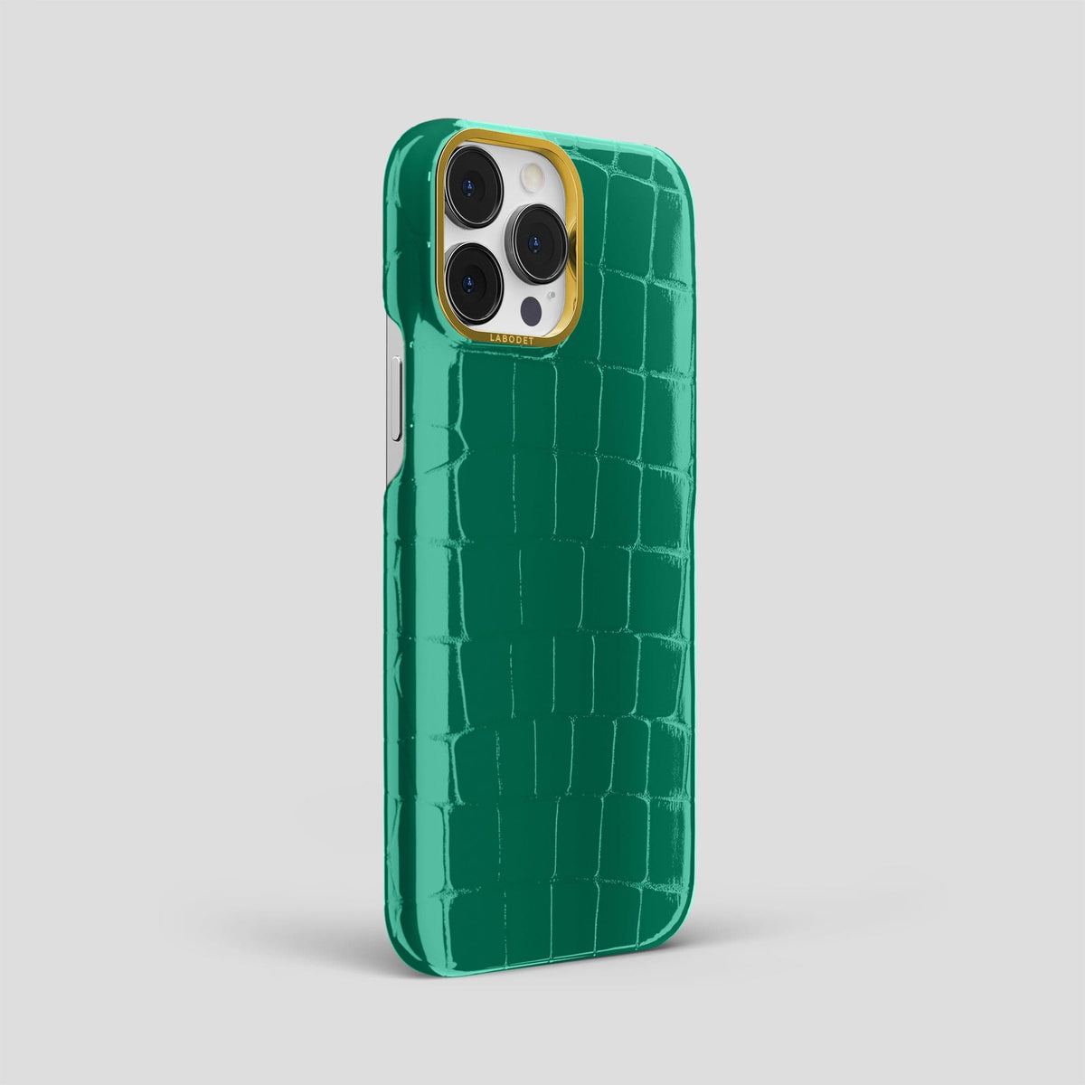 Green iPhone 15 Pro Max Classic Case Shiny Alligator with Gold Metal -2 | Green-Gold