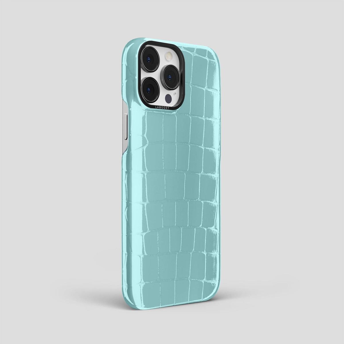 Light Blue iPhone 15 Pro Max Classic Case Shiny Alligator with Black Metal -2 | Light-Blue-Black