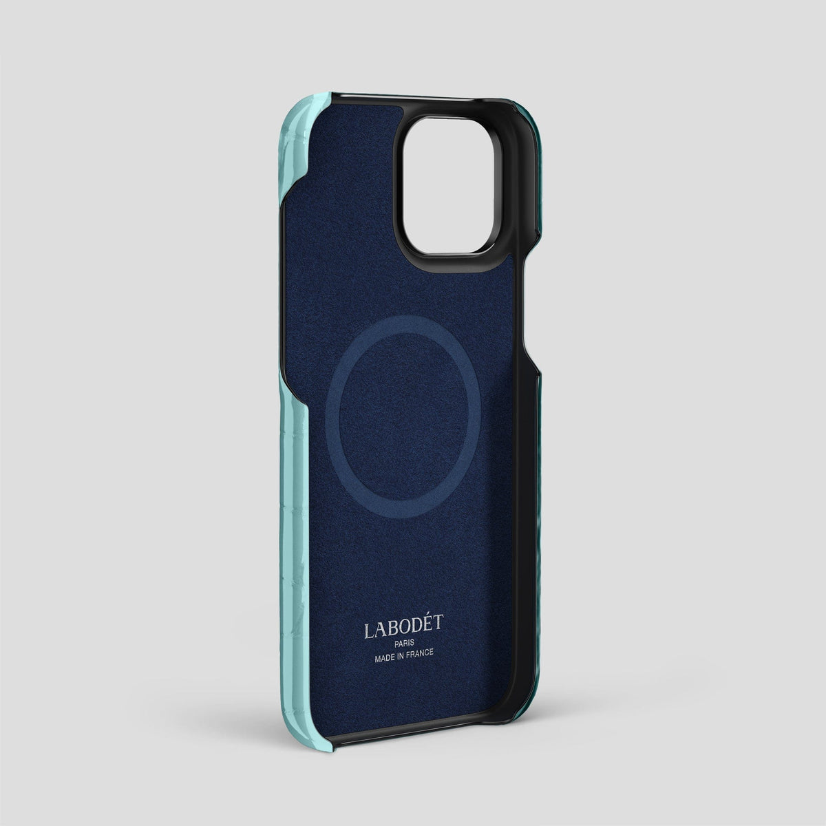 Light Blue iPhone 15 Pro Max Classic Case Shiny Alligator with Black Metal -4 | Light-Blue-Black