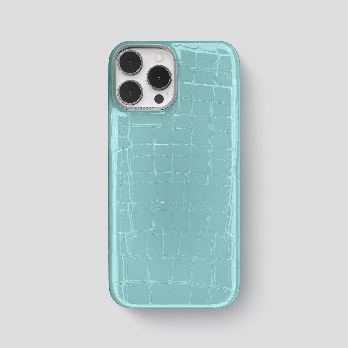 Light Blue iPhone 15 Pro Max Classic Case Shiny Alligator with Steel Metal -1 | Light-Blue-Steel