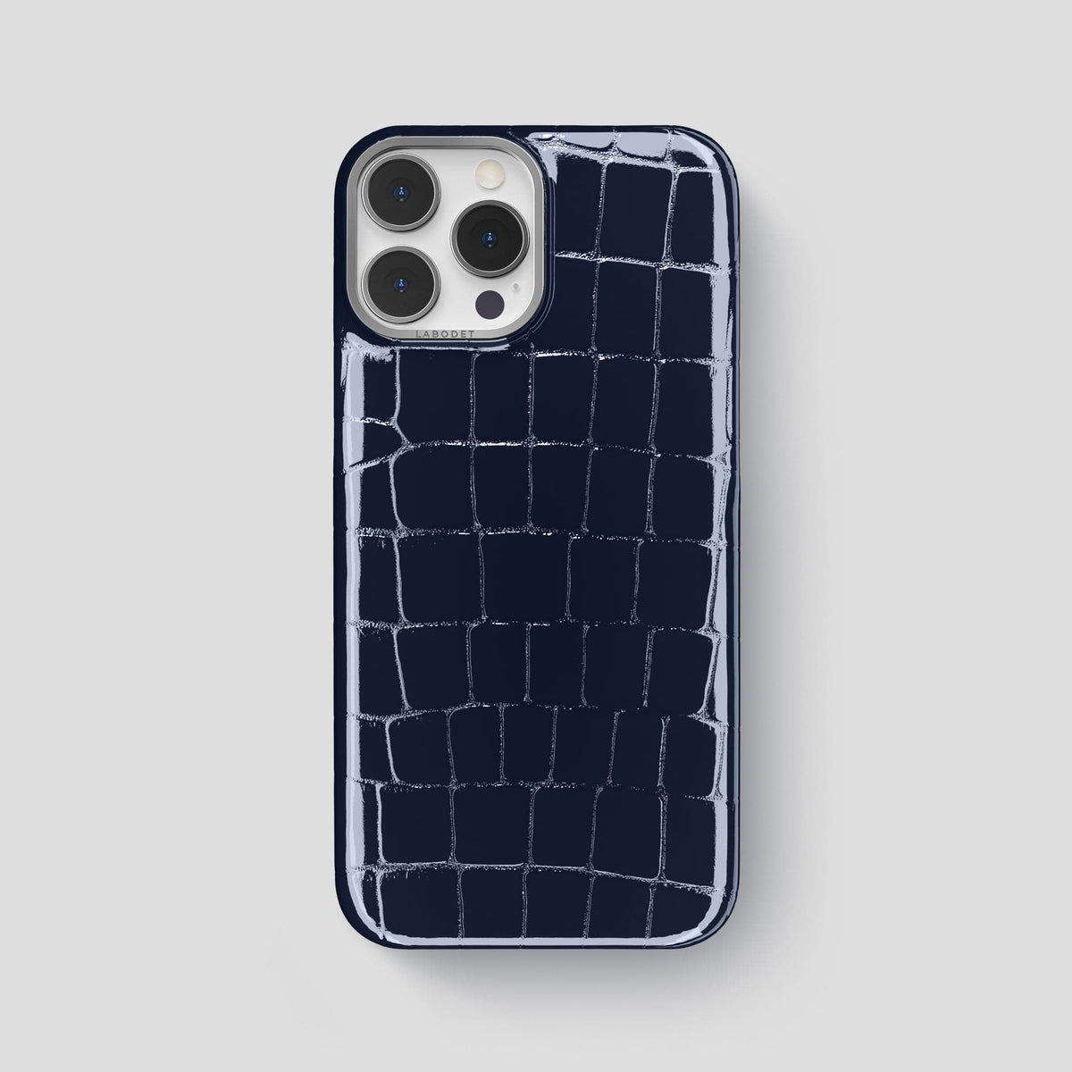 Navy-Blue iPhone 15 Pro Max Classic Case Shiny Alligator with Steel Metal -1 | Navy-Blue-Steel