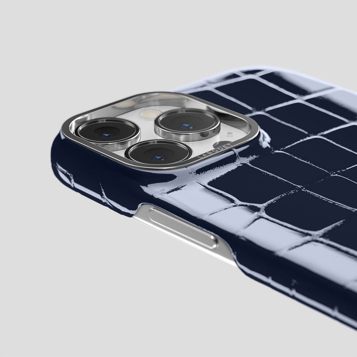 Navy-Blue iPhone 15 Pro Max Classic Case Shiny Alligator with Steel Metal -6 | Navy-Blue-Steel