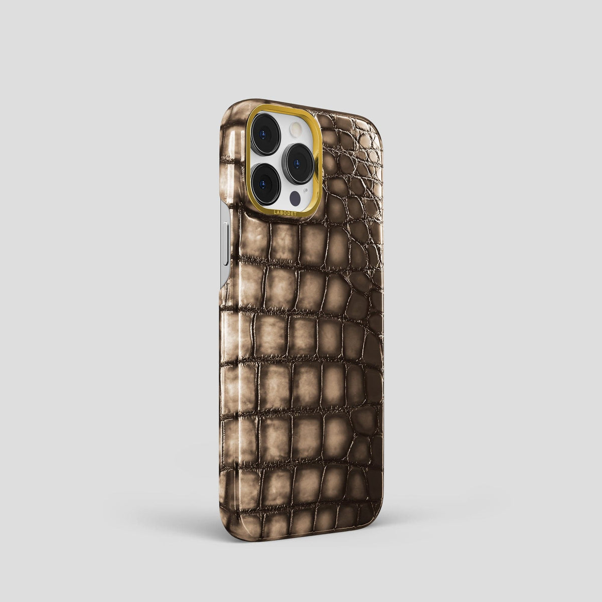 Etoupe iPhone 15 Pro Classic Case Patina Alligator with Gold Metal -2 | Etoupe-Gold