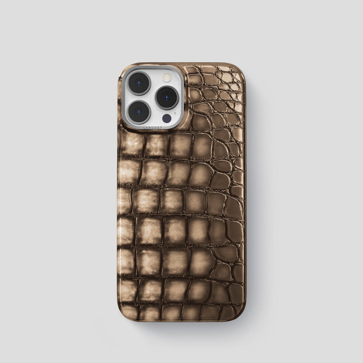 Etoupe iPhone 15 Pro Classic Case Patina Alligator with Steel Metal -1 | Etoupe-Steel